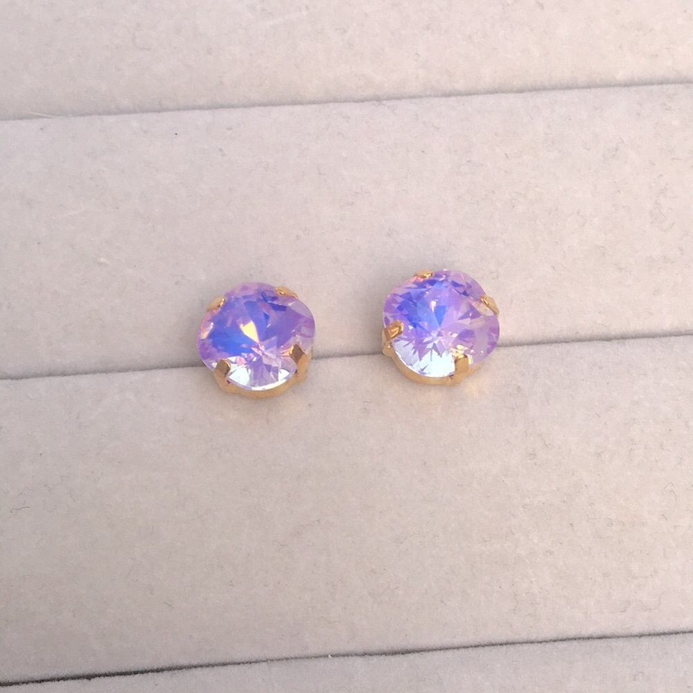 Lilac Purple Opal Aurora Borealis + Gold Cushion Cut Crystal Earrings - Picture 5 of 8